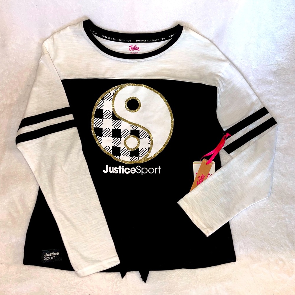 🆕 Justice Girls Top Tie Front Knot Gold Glitter Justice Sport Logo Size Large